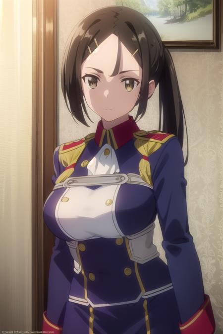 bianca, black hair, hair ornament, (brown eyes:1.5), hairclip, ponytail, pants, uniform, military, military uniform,