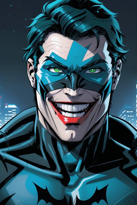 extreme close up, detailed face, dc comics [dick grayson nightwing|joker with makeup, smeared lipstick and joker white makeup], wearing batman cowl domino mask, nightwing logo, detailed short [black|green] hair, [blue:green:0.75] eyes, [smiling|laughing maniacally] intricate linework, professional modern comic book style, prominent laugh lines, prominent outlines and linework, flat colors