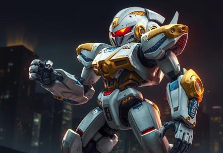 The Deepsea Warrior robot, with a white and gold head, red visor, and blue and gold accents on its arms and legs, stands powerfully against a dark city backdrop. Its dynamic, action-ready pose, vivid colors, and high-quality details create a captivating and lifelike image, with exceptional clarity and sharpness. This intricate, multi-colored depiction boasts harmonious contrast, a stunning matte painting style, and vibrant emotions, reminiscent of Raphael and Houdini aesthetics. Found on CGSociety and trending on Artstation, this masterpiece exemplifies beautiful eye details, dynamic lighting, and a joyful, powerful message.