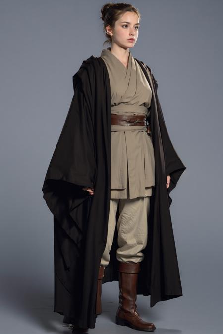 full_body, grey_background, japanese_clothes, long_sleeves, robe, sash, sleeves_past_wrists, solo, standing, 1girl, solo, simple_background, brown_hair, long_sleeves, closed_mouth, standing, full_body, boots, japanese_clothes, grey_background, hair_bun, coat, sash, brown_footwear, single_hair_bun, realistic, jedi outfit, outfit <lora:jedi:1>