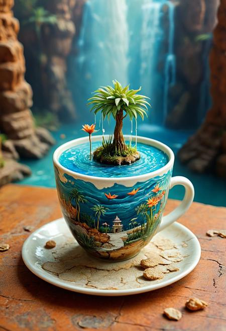 tilt-shift photo of best quality double exposure complex surreal painting on cracked paper, macro, microworld,  hyperdetailed,   insanely detailed, surreal, tiny genie spirit creature, flying oasis landscape placed inside a cup on the table in room. waterfall, lotus flowers,temple palms desert filigree, table cinematic, big eyes 32k, by Rockwell, WLOP Ryniac, Craola, Disney, van Gogh, highly detailed, intricated, intricated pose, high quality, centered, perfect composition.,
<lora:Midjourney_-_SemiReal_Dreams_FLUX_LoRA:1>,<lora:hyper-detail-illustration:1>, Selective focus, miniature effect, blurred background, highly detailed, vibrant, perspective control