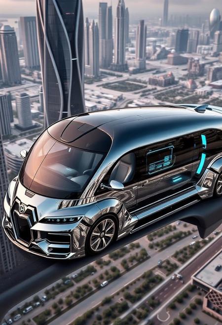 YFG-R1gs, A luxurious, self-driving limousine, its polished chrome body reflecting the opulent surroundings of a floating city, glides smoothly through the air. The limousine's interior is a haven of comfort, with plush seating, holographic entertainment systems, and a fully stocked bar. The vehicle's advanced AI anticipates traffic patterns and ensures a safe and efficient journey. The surrounding floating city is a marvel of engineering, with towering skyscrapers, lush gardens, and advanced transportation systems.