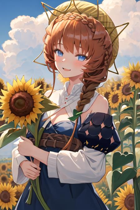 best quality, masterpiece, highres, solo, {van_gogh_fgo:1.15}, braid, long_hair, blue_eyes, bangs, side_braid, hat, orange_hair, crown_braid, smile, brown_hair, flower, sunflower, open_mouth, 1girl, breasts, looking_at_viewer, sleeves_past_elbows, straw_hat, yellow_headwear, puffy_sleeves, dress, holding, small_breasts, closed_mouth, long_sleeves, upper_body