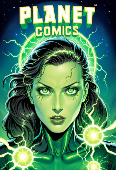 Glowing eyes. Danger. Entity. Illustration. Fabulous palette. Grand composition. Comic book cover. Comic book panel. Sci fi. 
Expressive eyes.  Edgy. Mean. Fun. Celestial backdrop. 
Model: (Sigrid Agren:0.3), (Daria Werbowy:0.3)
Necron, electricity, green glow, green theme,
