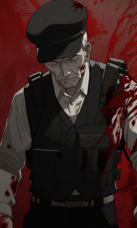 1male, assault rifle, red theme,blood sea,hat, close eyes,male focus, old man, pants, sato, solo, upper body, vest,masterpiece, best quality, <lora:sato :1>(((masterpiece))),(((bestquality))),((ultra-detailed)),(illustration),(detailedlight),((anextremelydelicateandbeautiful)),dramatic_shadow,ray_tracing <lora:ibm-2:0.4>