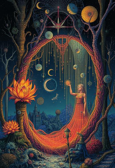 Weaves a Bower in endless Night., surrealism, symbolic transformation, retro-futurism, conceptual dreamscapes, psychedelic color palette, visual metaphor, uncanny objects, architectural fantasy, cosmic surrealism, intricate detailing, subconscious themes, otherworldly flora, poetic absurdity, luminous textures, surreal structures, metamorphic landscapes, abstract storytelling, psychological symbolism, tactile materials, mystical science fiction
