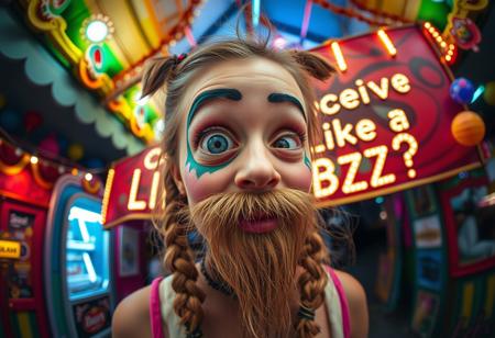 “A whimsical and surreal portrait of a girl with a distorted, comical face, featuring one eye larger than the other, vibrant face paint, two playful braids in her hair, and a long, flowing beard styled into intricate braids. Captured using a 12mm fisheye cinematic prime lens for an exaggerated perspective. The setting is a lively carnival with colorful lights, whimsical decorations, and a dreamy atmosphere. A rotten, old light banner in the background displays the text: ‘Could I receive a Like or Buzz?’ in flickering, uneven letters. The colors and contrasts are enhanced for a surreal effect, inspired by a mix of playful and artistic styles, blending humor and visual artistry.”