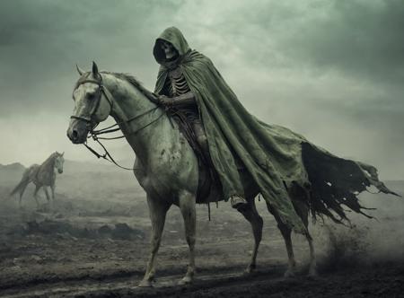 (rusted_scythe:1.3),(very long pale green cape in the wind:1.6),(tattered_garments:1.5),(skeletal_rider:1.5),horseman,(hood:1.2),(pale_emaciated_green_horse:1.1),(wind:1.3),(bones:1.2),apocalypse,smoke,black rain,desolate_landscape,dark_sky,ominous,decay,cracked_ground,barren,lifeless,
<lora:add_detail:0.8>,