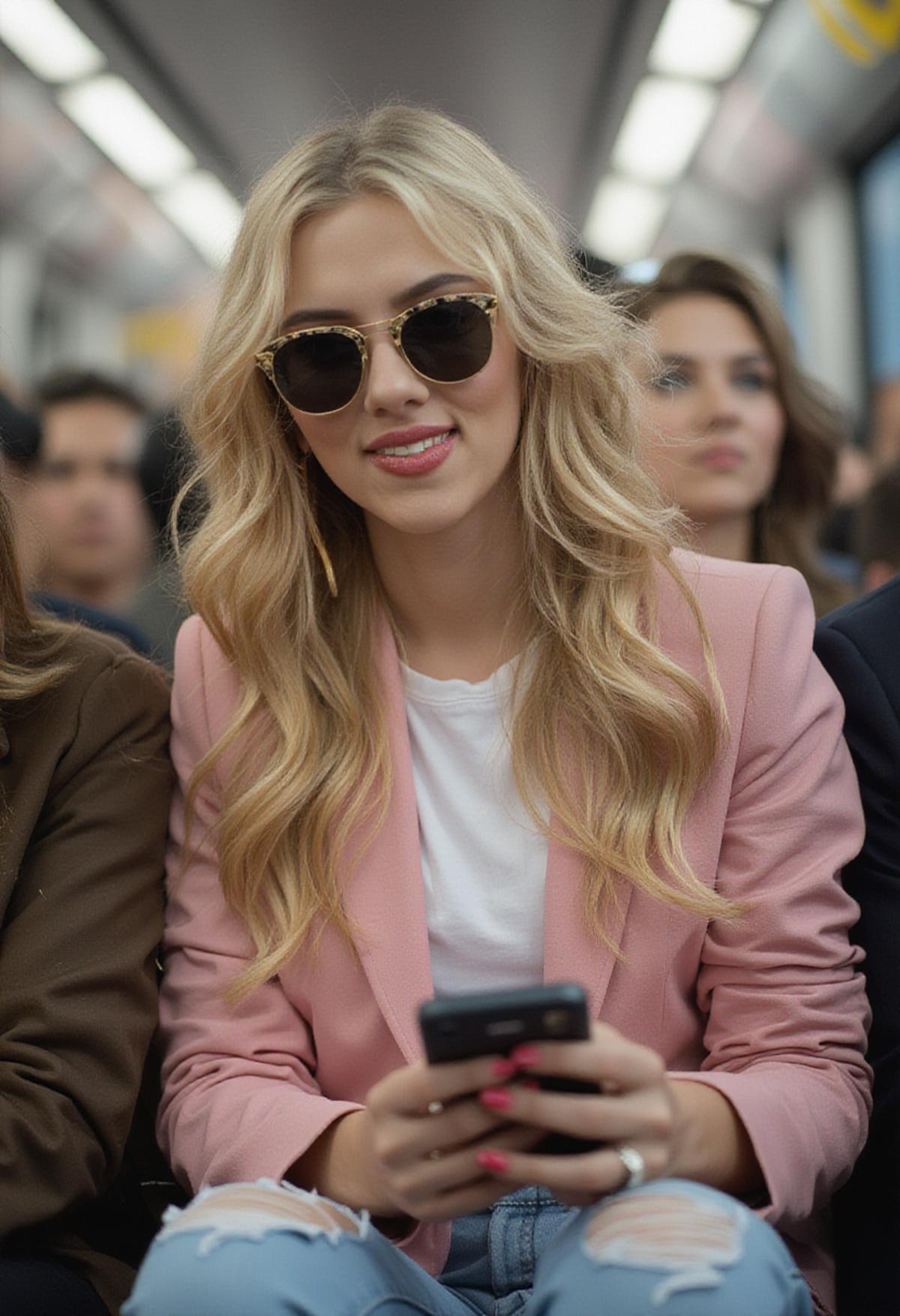 blurry photo on the train woman Scarlett Johansson wearing gold sunglasses, white tshirt under a pink jacket ripped blue jeans looking on her iphone sitting with other people