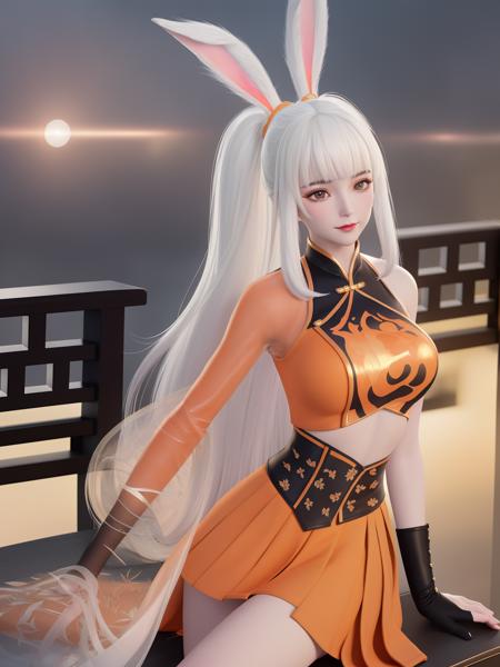 1girl,long white hair,mature female,looking at viewer,cityscape,night,rabbit ears,orange crop top,skirt,single black glove,orange skirt,ponytail,asymmetrical see-through sleeves,belt,black collar,chinese clothes,pleated skirt,cowboy shot,sitting,chair,makeup,blush,light smile,<lora:GSLguofeng_20230723155619-000012:0.75>,metal trim,