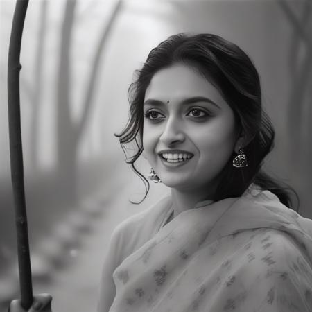 KeerthySuresh, art by Henri Cartier-Bresson, photograph, masterpiece, Aesthetically Pleasing small Swiss Woman feeling Smug, ð©, Foggy conditions, Fine art, Hopeless, film grain, Ilford HP5, F/1.8,  <lora:KeerthySureshSDXL:1>