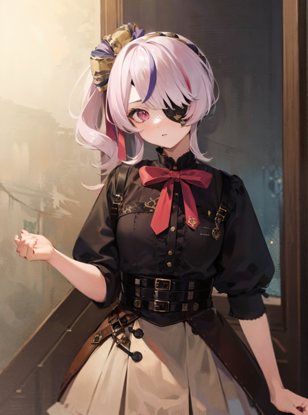 masterpiece, detailed, high quality, absurdres, maria, 1girl, solo, eyepatch, hair bow, cowboy shot,