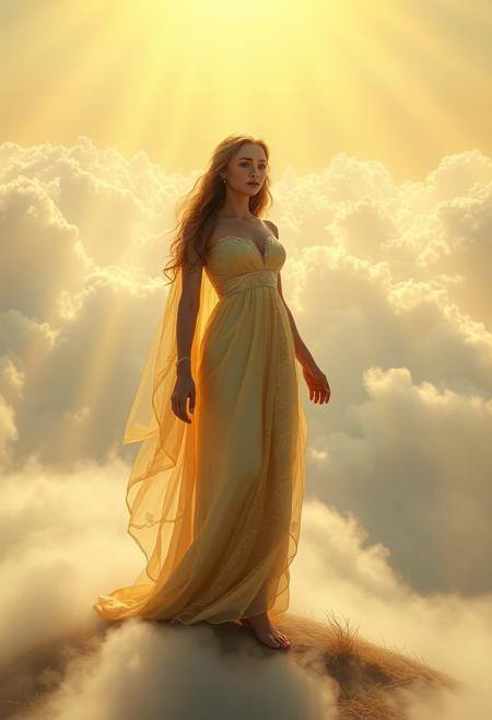 an image so perfect you may wonder if you are dreaming or awake, here she is standing in beatitude covered with an ethereal dress of silk and gold threads, she stands over a heavenly landscape covered in clouds and mist, earth or grass or vapors you do not know for sure what it is. The clouds provide a protective cradle around her delicate figure, basking in the glorious divine golden light descending from the Sun or a deity above the clouds, like a spotlight would on a celebrity, This light is strong and warm but also soft and pleasant like the sun is on a colder day. One glance at her and we all fall in love, taken into romantic reverie yearning for a glance, a word or touch.