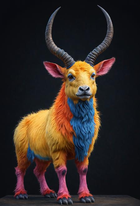 Subject: Quizzlethorn, a unique random animal. prompt: A Quizzlethorn, standing upright, peculiar horns, fluffy fur, bright lighting of warm yellow, soft pink, vibrant orange, and deep blue, camera angle from slightly above, photorealistic style with subtle texture, detailed, high-quality, 4K, ultra HD, realistic, smooth, mixed drawing styles: watercolor, charcoal, digital. Best quality, professional, Portrait, photo shoot,