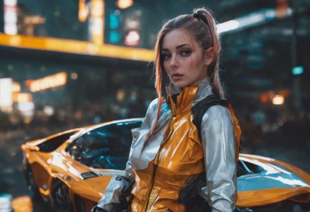Cyberpunk scene, closeup of a woman posing next to futuristic cyberpunk sports car in night cyberpunk city, sexy clothes, sexy, cyberpunk sports sunglasses, night, wet asphalt, wet body, wet hair, raining, cyberpunk city, cinematic, dynamic angle, warm hues, realistic, photorealism, hd, 8k, high definition, BREAK, score_9, score_8_up, score_7_up, score_6_up,