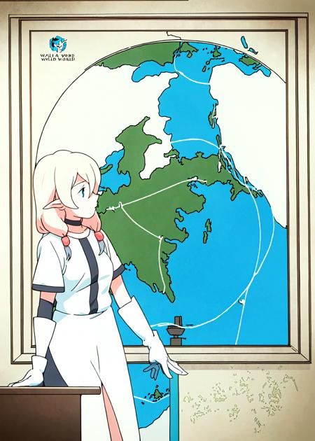 <lora:iav3-000016:0.8>,a woman in a white dress is holding a weather gauge in front of a map of the world and a map of the world, 1girl, solo, long_hair, blonde_hair, gloves, dress, holding, standing, short_sleeves, pointy_ears, elbow_gloves, white_gloves, medium_hair, white_dress, profile