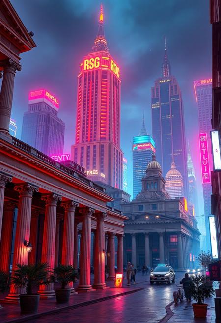picturesque, masterpiece,best quality,absurd, very aesthetically pleasing, high quality, 3d, beautiful Roman architecture, with cyberpunk elements, neon signs, contrasting lighting, atmospheric perspective, a mix of architectural styles in one city, an emphasis on Roman arches, columns, several skyscrapers in the style of the 20th century America