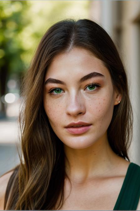 <lora:gr4c33l1:0.9>, a Realistic photo of gr4c33l1 woman, 1girl, solo, long hair, looking at viewer, brown hair, green eyes, upper body, mole, lips, traditional media, portrait, freckles, realistic, mole on cheek, professional Photography, Photorealistic, detailed eyes, RAW, analog, sharp focus, 8k, HD, DSLR, high quality, Fujifilm XT3, film grain, award winning, masterpiece