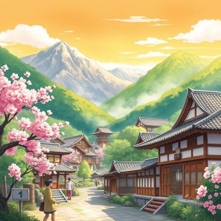 A serene anime-inspired village scene set amidst lush green mountains, with traditional Japanese-style houses featuring curved tiled roofs, paper lanterns, and sliding doors made of natural wood, surrounded by lush trees with blooming cherry blossoms in shades of pink and white, against a warm sunny sky with a few wispy clouds, rendered in a vibrant watercolor style with bold brushstrokes and delicate textures, evoking a sense of tranquility and harmony with nature, with maybe a few villagers in the distance, dressed in traditional attire, going about their daily lives, with subtle hints of mist and fog hovering around the village, giving it an enchanting and mystical atmosphere.