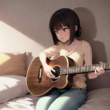 (masterpiece, best quality, ultra-detailed, best shadow), (detailed background, cowboy shot, playing acoustic guitar, bedroom, guitar, sitting on bed), (beautiful detailed face), high contrast, (best illumination), ((cinematic light)), colorful, hyper detail, dramatic light, intricate details, (1girl, young adult woman, casual outfit, pants), <lora:anime_guitarv1:0.8>