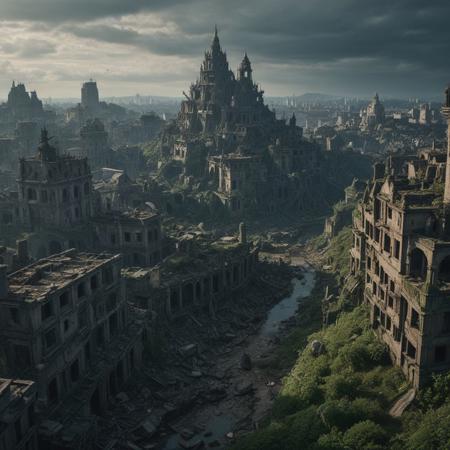 (Wide angle)+ Grimdark fantasy scene of the island city of Sanctum, ruined city, cursed city, sprawling metropolis, collapsing buildings, epic fantasy apocalypse, crumbling, dilapidation, overgrown, desolation, abandoned, intense shadows, moody lighting, cinematic, 16k uhd, fujifilm xt3, photorealistic epic fantasy, ultra-detailed, exquisite features, masterpiece quality, film grain, particle effects, haunting beauty