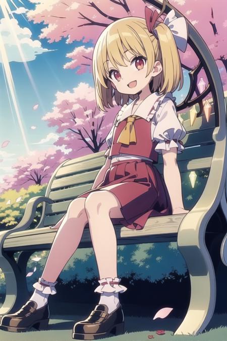 masterpiece, best quality, masterpiece, best quality, (8K wallpaper),masterpiece,(highly detailed),best quality, masterpiece, best quality, touhou,(((flandre scarlet))),best quality,sitting on a bench,In garden,looking at viewer,(bright red eyes),(((Very happy cute little girl))),Brown shoes,White lace-trimmed socks,Sunlight shines through the leaves,Surrounded by roses,Flower petals float in the air