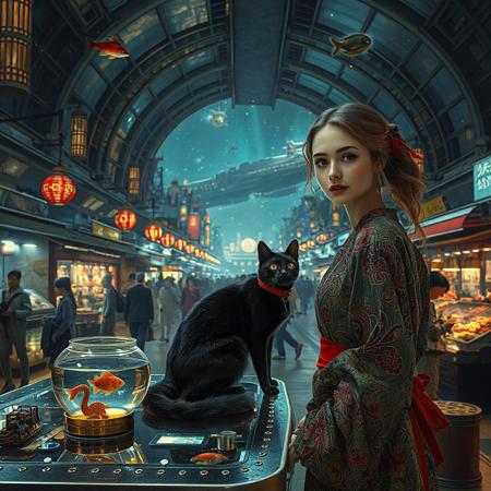 Setting is a futuristic shopping market at night in a huge under water domed building with fish and huge sea creatures visible through the transparent dome, the market is comprised of street vendors selling robot parts, food, weapons, and robots.  (((((CLASSICALLY STYLIZED LIGHTING AND ARCHITECTURE FROM CHINA INDIA JAPAN FRANCE EGYPT ROME AND GREECE))))), A gold fish bowl is on the table with a cat-fish) People wearing futuristic cyberpunk clothing are walking through the street market shopping and eating, A sleek black cat with red collar sits on a cluttered metal riveted desk with transparent top and micro-LED lighted computer components visible inside, On the desk is an ebony and gold maneki neko statue and futuristic art deco lighting, (((a beautiful woman, 24 years old, is standing in the foreground FACING THE VIEWER, she has an expression of interested curiosity)))))), the sleek black cat with red collar is sitting on the desk and watching the people walking by in the busy street market, the woman is dressed in futuristic cyberpunk ECLECTIC style yukata with a low neck line alluring aesthetic. An enormous art deco inspired starship with futuristic lighting and an enormous space station are visible in the background among the stars, The woman's hair is elegantly tied up with a ribbon. Artistic cyberpunk, dynamic perspective, (((overall architectural aesthetic is Art Deco Cyberpunk))).  Epic image that elicits a feeling of wonder and awe,