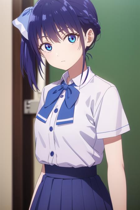 nagisaminase, <lora:nagisa minase s2-lora-nochekaiser:1>,
nagisa minase, bangs, blue eyes, blue hair, hair ribbon, side ponytail,
BREAK skirt, shirt, bow, school uniform, white shirt, short sleeves, pleated skirt, bowtie, blue skirt, 
BREAK indoors, classroom,
BREAK looking at viewer, (cowboy shot:1.5),
BREAK <lyco:GoodHands-beta2:1>, (masterpiece:1.2), best quality, high resolution, unity 8k wallpaper, (illustration:0.8), (beautiful detailed eyes:1.6), extremely detailed face, perfect lighting, extremely detailed CG, (perfect hands, perfect anatomy),