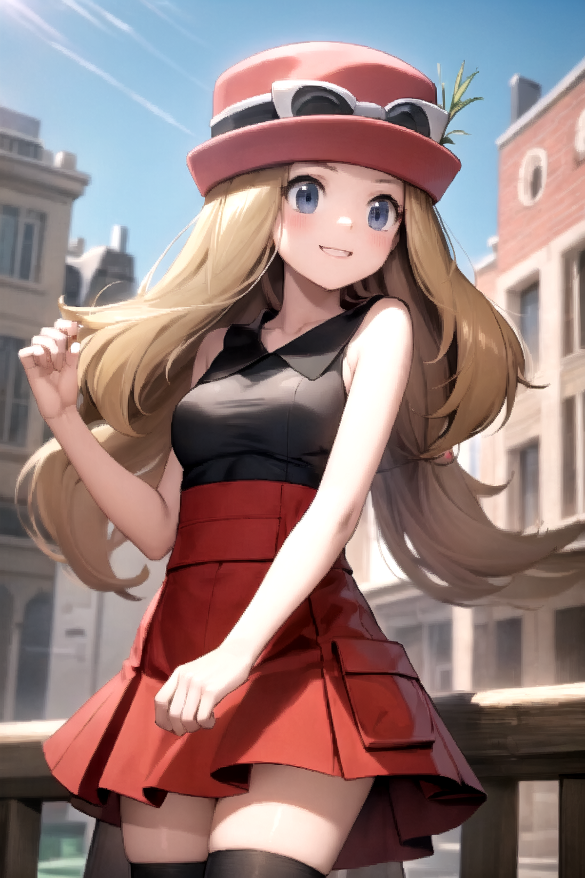 masterpiece, best quality, <lora:SerenaLora:0.7>, solo, 1girl, serena \(pokemon\), red skirt, black shirt, sleeveless shir...