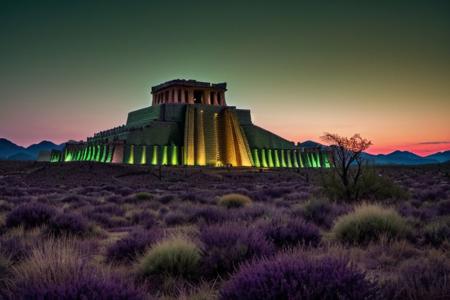 (tall ancient stone towers; 1.39) (ziggurat temple complex emerging from landscape: 1.39) raw photo, moonlight, night photography, high exposure, Arizona desert, Saguaro Cactus, Tall Mesa,  cozy, photorealistic, high detailed texture, 8k uhd, dslr, soft lighting, high quality, film grain, (Fujifilm XT3, Sony A7 IV: 1.19), highly detailed photography, (muted colors, cinematic, dim colors, soothing tones:1.2), vibrant, insanely detailed, hyperdetailed, (dark shot:1.2), (vsco:0.3), (intricate details:0.9), (hdr, hyperdetailed:1.2) (highest coherency: 1.39) (highest quality: 1.39) (rule of Thirds) (award winning) (breathtaking) (masterclass) (vibrant color: 0.79) (distant hillside) (purple-green glow: 1.49)