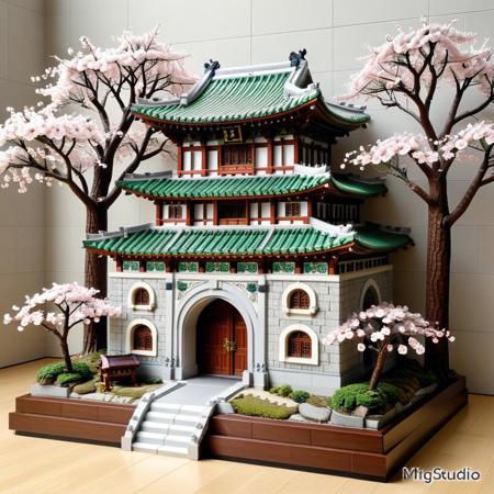 A highly detailed LEGO brick model of Dongdaemun (Heunginjimun), the historic Korean city gate, built with a mix of light grey, dark stone, and moss green LEGO pieces. The structure includes intricate curved roofs with ornate LEGO tiles, small archways, and miniature guard figures in hanbok. The surrounding walls are built with interlocking LEGO stone bricks, and tiny cherry blossom trees made from pink and brown LEGO pieces add an elegant Korean touch. The model is set on a clean display base with a nameplate labeled “Dongdaemun, Seoul.” Photographed in a well-lit museum-style setting, with soft shadows, high clarity, and macro-level details showing the texture of each LEGO brick. 8K ultra-realistic rendering, charming, playful, yet respectful to traditional architecture.