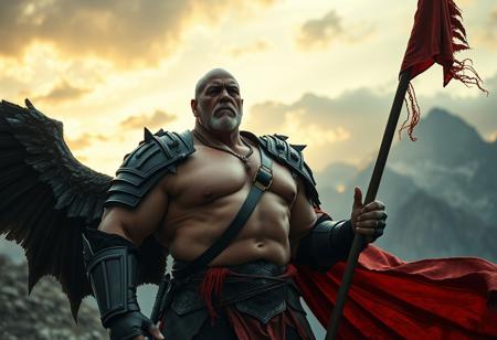 scifi movie still, old man mutating into huge bodybuilder angelic demon from heavenly hell in a mountainscape at dawn, with gigantic muscles, gigantic muscles, huge neck, bald, shaved shaven clean face, large round belly overhang, hairy armpits, tanned sweaty oily skin, huge veins on skin, large old mans hairy chest nipples, wearing black plate knight armor, long red tattered cape, black feather angel wings with demonic horns, commander of a legion holding a huge flag