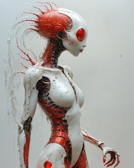 beautiful bioengineered creature with semi-transparent shiny skin, (white:1.6), (red:1.5), (detailed cybernetic implants fused with organic matter:0.5), (full body:1.8), sharp crystal clear focus, (background with intensely vibrant colors:1.2), realistic photo, <lora:add-detail-xl:1.0>,  <lora:Philippe Druillet Style:1> Philippe Druillet Style