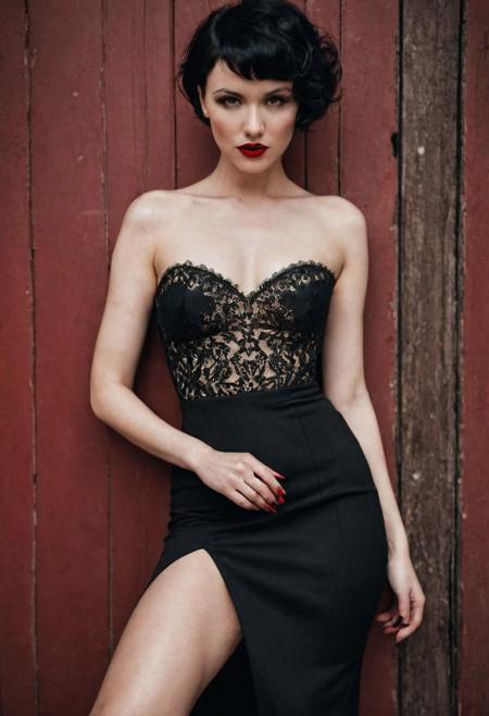 photograph by natalia drepina. raw photo a woman, , (fullbody Portrait:1.3),  pinup pose,  red_manicure, red_lipstick, black hair, pixie cut, nipples exposed, (show breast thru the wear),hard nipples. deep cuts  dress. ankles. red stilettos. epiCPhoto. intricate background. outdoor