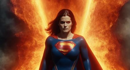 concept art of  Cinematic Film stock footage in (arri alexa style) Kodak film print,  <lora:Superman:1> Superman a woman with a heat vision fiery beams of intensified heat coming out from both eyes, digital artwork, illustrative, painterly, matte painting, highly detailed