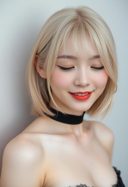 beautiful 20 years old albino japanese girl, sweet expression, beautiful, black sexy clothes, natural breast, natural make up, closed eyes and smiling