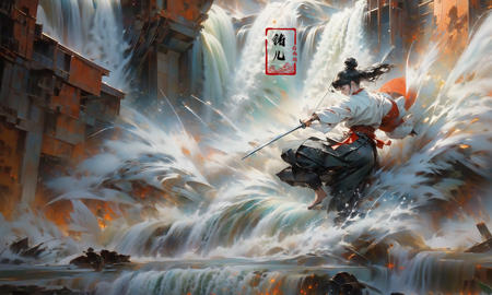 (dramatic, gritty, intense:1.4),masterpiece, best quality, 8k, insane details, intricate details, hyperdetailed, hyper quality, high detail, ultra detailed, Masterpiece,
2girlsholding weaponholding swordduelbattlemidairsingle hair bunblack hairlong hairhair bunlooking at another
outdoorswaterfallwater in the flowingwavessplashingHanfu(Real waterRealistic waterflowing water:1.5)ripples
A shot with tension(sky glows red,Visual impact,giving the poster a dynamic and visually striking appearance:1.2),Chinese Zen style,impactful picture,
<lora:~Q?-p^k{eWaterfall:0.7>