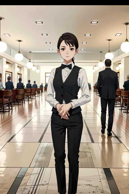 1girl,standing,facing viewer,looking at viewer,arms at sides,white shirt,black vest,black bowtie,black pants,leather shoes,milliesa,black hair,pontytail,in casino,luxurious style,indoors,<lora:MillieSA:0.7>,