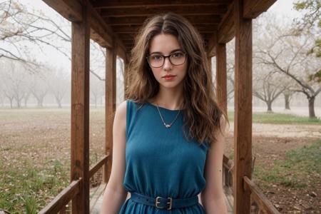 35mm film, one pretty european girl, solo, supermodel, long light brown hair, long wavy hair, pale skin, perfect face, small nose, blue eyes, lips, big tits, nice breasts, necklace, black frame glasses, short blue lace dress with a belt, white heeled shoes, looking at viewer, looking directly at viewer, a breathtaking forest view, offering panoramic views of majestic and sweeping trees, nature light, early spring season, full body view of girl, epiCPhoto, <lora:pytorch_lora_weights:0.5>, <lora:picxer_real:0.7>, <lora:FilmVelvia3:0.3>, <lora:more_details:0.6>
