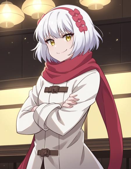 paula mccoy, short hair, bow, yellow eyes, white hair, hair bow, hairband, scarf, red scarf, coat, long sleeves, wide sleeves, white coat,