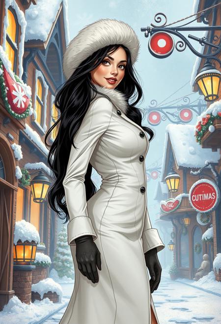 Digital illustration, (comic book artstyle reminiscent of marc simonetti, jim lee, michael turner, mixed with Pixar Disney princess). A gorgeous young woman with long dark hair standing in a frosty gingerbread town, she wears a form fitting long white winter coat with fur trim, a fur hat, and gloves, her flirty smile is alluring and inviting, the scene is industrial and reminiscent of christmas