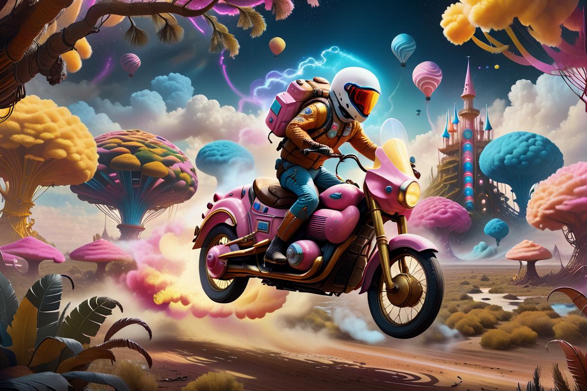 Colorful Fantasy Artwork of a Character Riding a Pink Motorcycle Through the Air