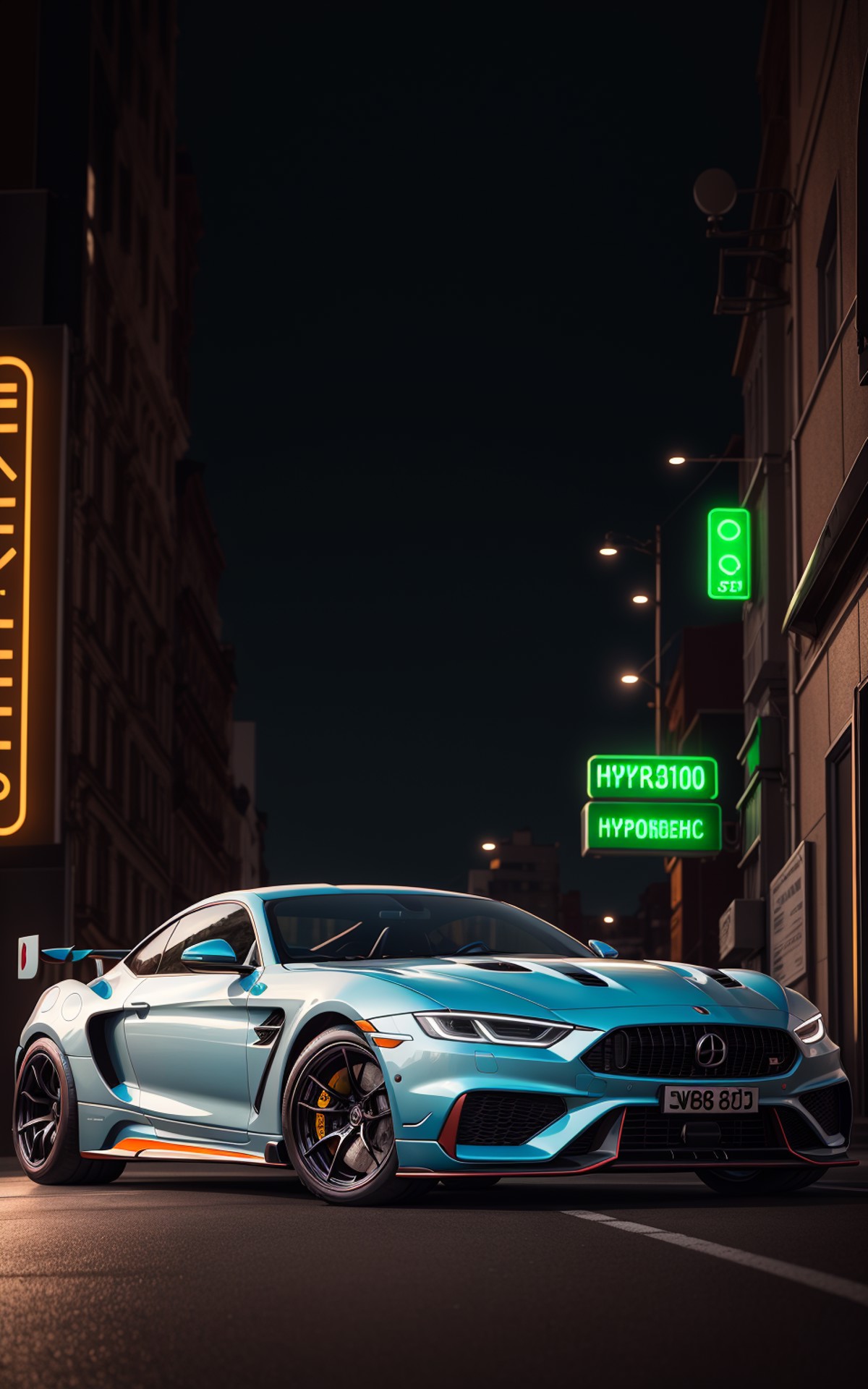 sportcar, hyperrealism, high detail, octane render, cinematic, wide angle, 35 mm, f. 14, by mario testino, neon lights, oc...
