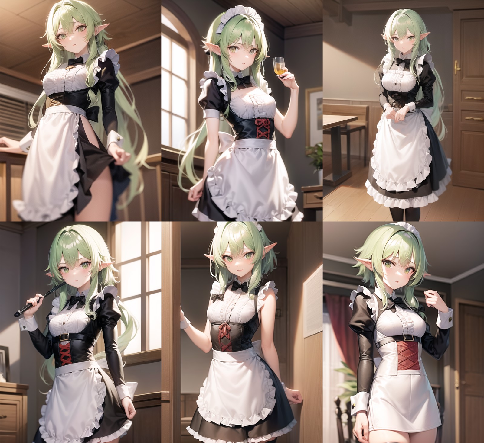 <lora:highelf1-000014:1>, rnd1, standing, indoors, simple background, maid, maid outfit, frills,