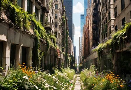 cityscape, stark contrast, split down the middle, bustling metropolis, skyscrapers, gleaming chrome, dense traffic, harsh lighting, overgrown ruins, crumbling buildings, vines, vibrant wildflowers, dappled sunlight, birdsong, soft textures