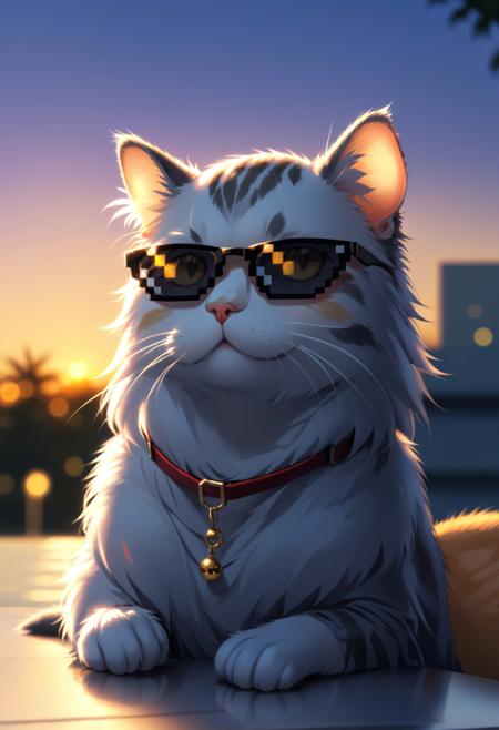 IncrsXLDealWithIt,sunglasses, anime, cat, watching mouse, afternoon, dusk, Bokeh, smug,