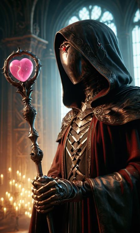 AtomicHeartTwinsCosplay in absolute darkness, profoundly no light, holding black-pink heart shaped orbstaff, pointed hat, translucent skin, Describe the captivating scene captured in the vintage photograph featuring a Bedouin artist skillfully swallowing a massive sword in the style of Final Fantasy, amidst a mesmerized audience. Provide details about the artist's attire, the sword's intricate design, and the expressions of the onlookers as they witness this extraordinary performance., amazing quality, masterpiece, best quality, hyper detailed, ultra detailed, UHD, perfect anatomy, portrait, dof, hyper-realism, majestic, awesome, inspiring, closeup, an weathered outworn old Fantasy cape, smooth, Closeup, by Dring, rust paint peelz, atmospheric haze, cinamatic composition, soft shadows, national geographic styl