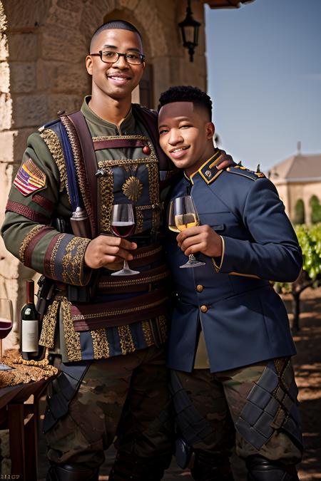 intricatedetails, Rembrandt lighting, two diverse soldiers posing with wine glasses, outdoors, daylight, bokeh