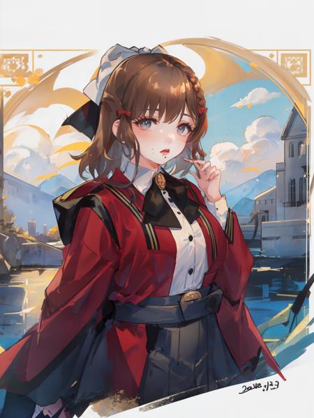 asahi \(kancolle\), 1girl, solo, shirt, white shirt, grey eyes, white background, red jacket, upper body, simple background, jacket, bow, ribbon, mole under mouth, looking at viewer, open mouth, long sleeves, breasts, hair ribbon, large breasts, bangs, dated, uniform, mole, original, intricate detail, illustration, masterpiece, extremely detailed CG unity 8k wallpaper, highlight, sharpening, dynamic, <lora:Asahi:0.8>