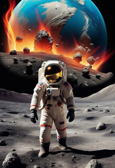 an astronaut standing on the surface of the moon back turned from the camera and looking at the earth disintegrating after getting hit by a planet-sized asteroid, epic photo, bright vivid colors, text that says "Well, Fuck!"